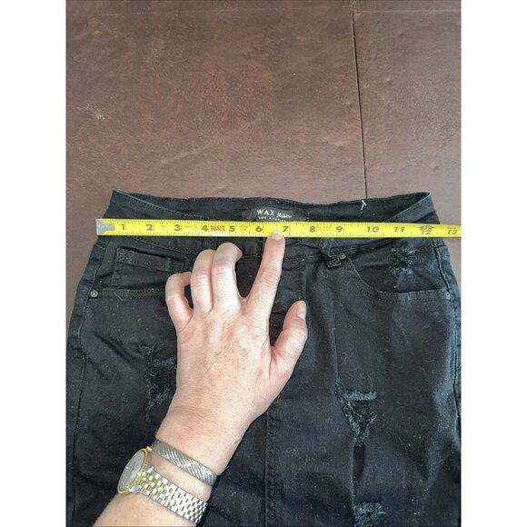 Wax Jean Black Distressed Denim Mini Skirt Frayed Hem & Pockets S - Picture 4 of 5